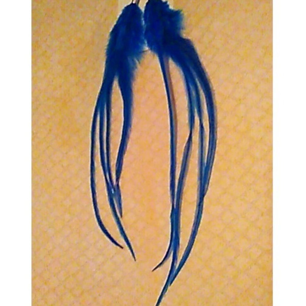 Earrings Feather Long Narrow Vibrant Blue Pierced Handmade Boho Hippie New